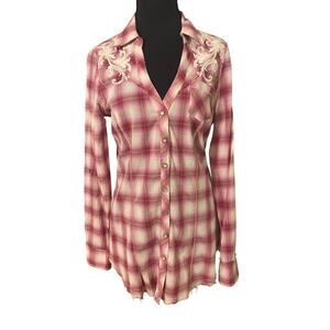 Stetson Pink Plaid Embroidered Western Snap Shirt Tunic Y2K Small Rodeo Cowgirl